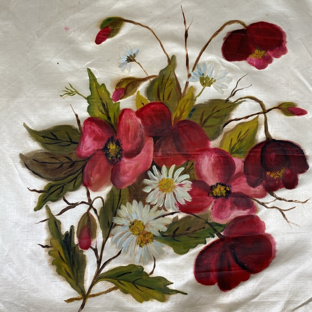 Hand Painted Flowers 💐 On Silk Art with Red and Green Accents